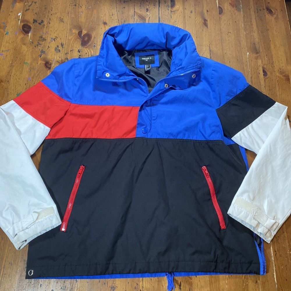 Men's L Forever 21 Hooded Jacket Red‎ White Blue Sailing Streetwear Retro